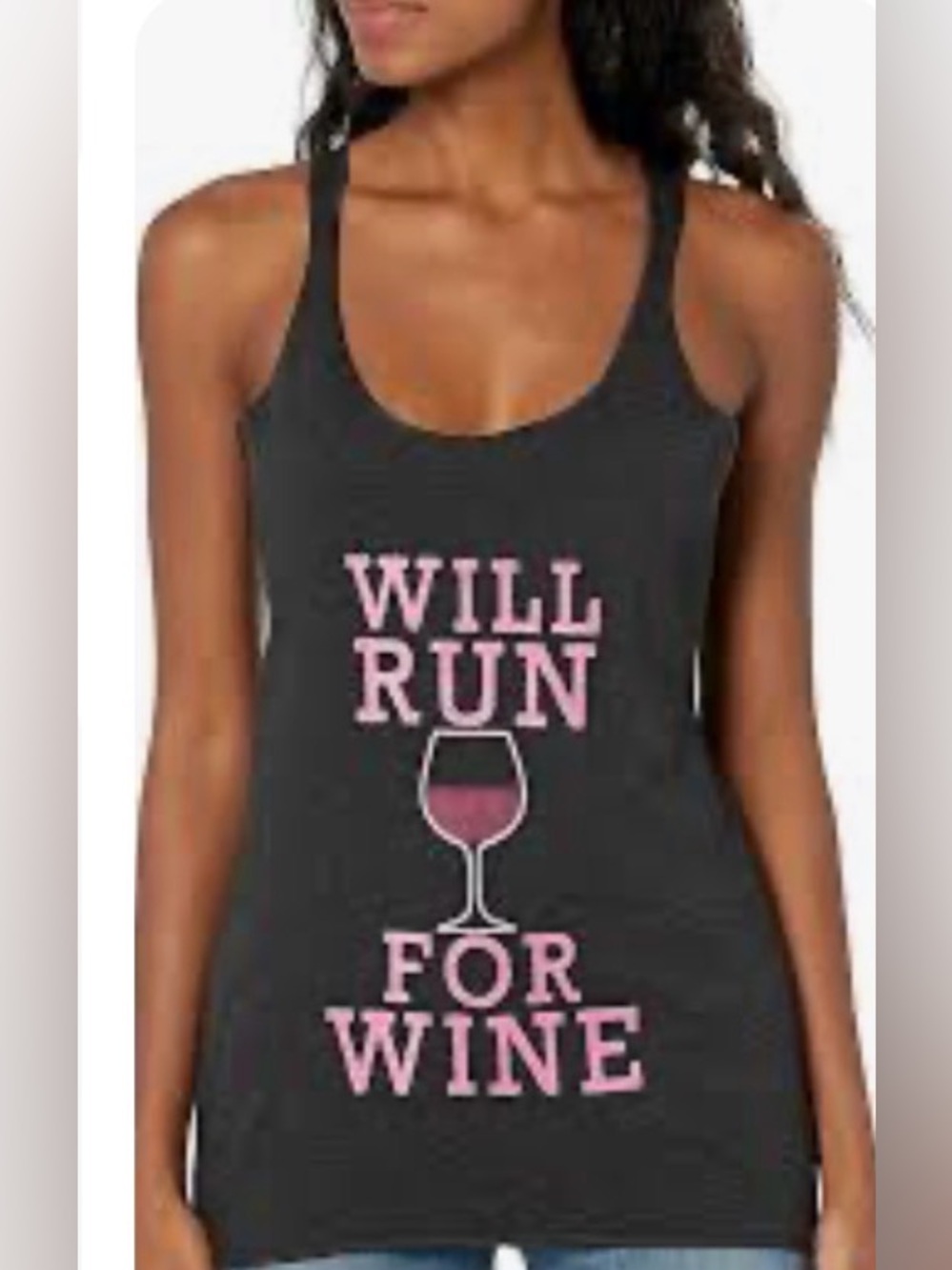 Chin Up Apparel Black Tank with Pink "Will Run For Wine" Graphic